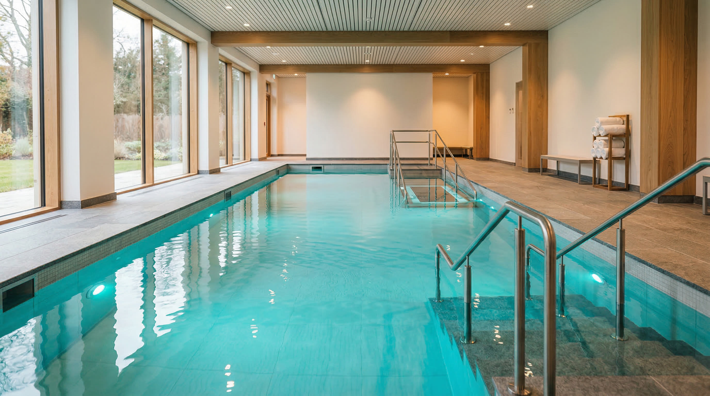 Modern therapeutic warm water pool in a clinical wellness facility with turquoise water and ambient lighting
