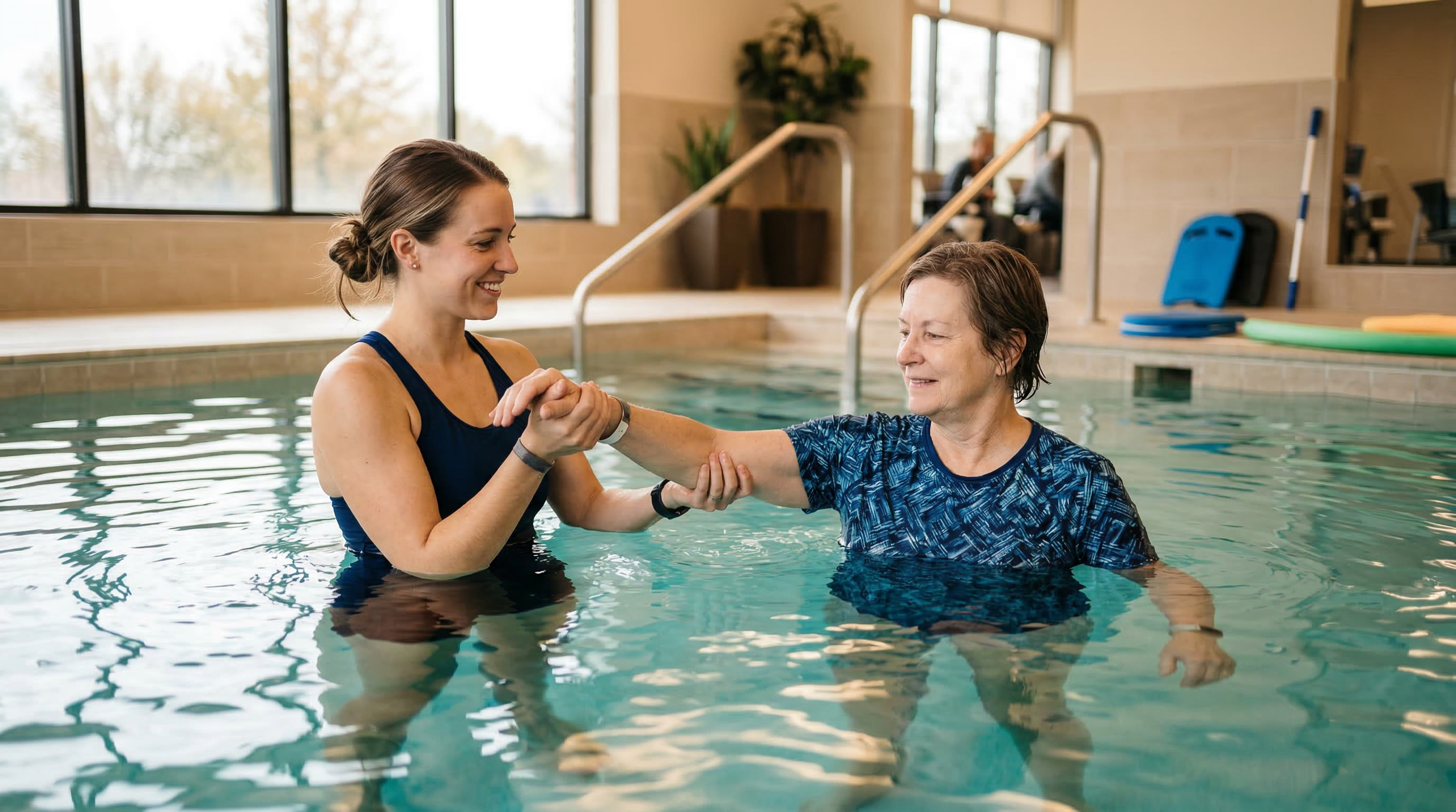 Physical therapist guiding a patient through gentle rehabilitation exercises in a warm therapeutic pool